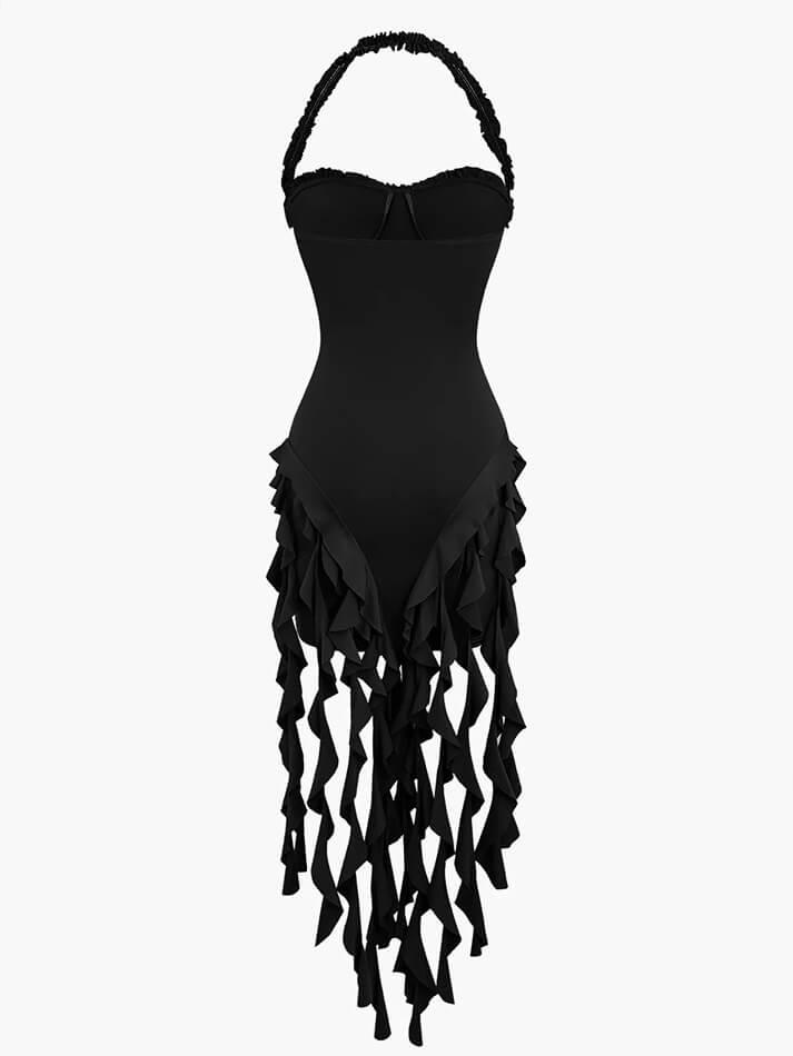 Ddbos - Ruffle Tassel Halter Bustier Mini Dress