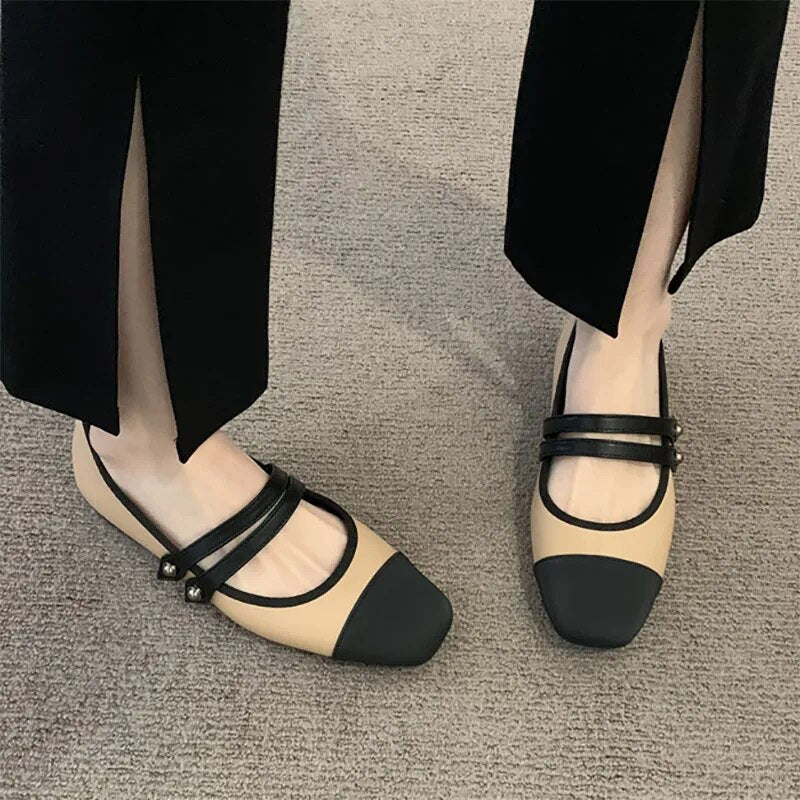 Ddbos New Women's Flats Patchwork Double Buckle Mary Janes Shoes Black Toe Leather Shoes For Female Spring Autumn Zapatos Mujer