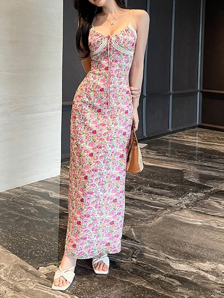 Ddbos - Floral Print Tie Front Maxi A-Line Dress