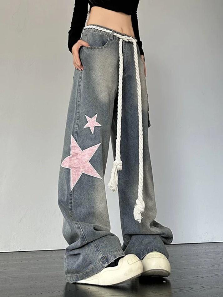 Ddbos - Vintage Star Patch Print Boyfriend Jeans