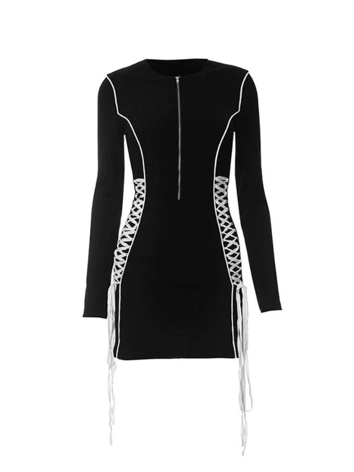 Ddbos - Contrast Color Line Tie Up Zip Up Mini Dress