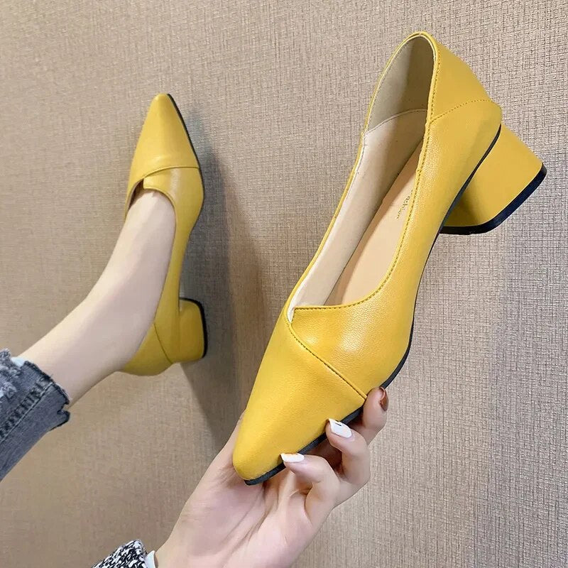 Ddbos Sapatos Femininas Fashion Sweet Yellow Pu Leather Spring Slip on Square Heel Shoes for Women Lady Office Pumps