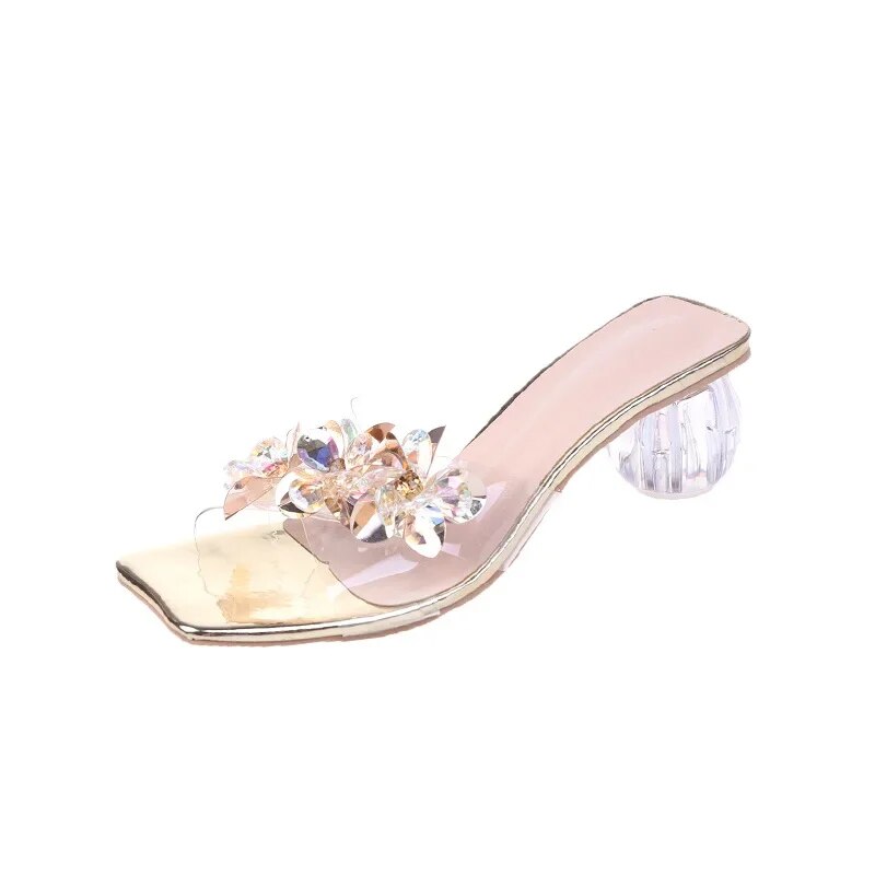 Ddbos Crystal Sandals Elegant Middle Heels Women slippers Summer Shoes Open Toe Sandal Chunky Heels Woman Red Gold Sliver