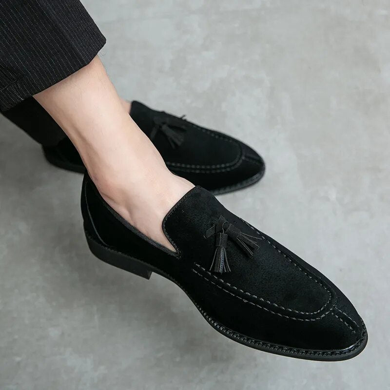 Ddbos Men's Loafers Brand Suede Leather Shoes Vintage Slip-on Classic Casual Men Driving Shoes Wedding Male Dress Shoes Tassel pointed