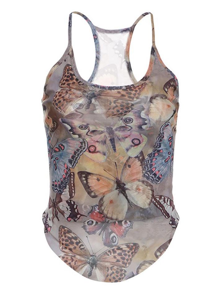 Ddbos - Mesh Butterfly Print Slim Fit Cami Top