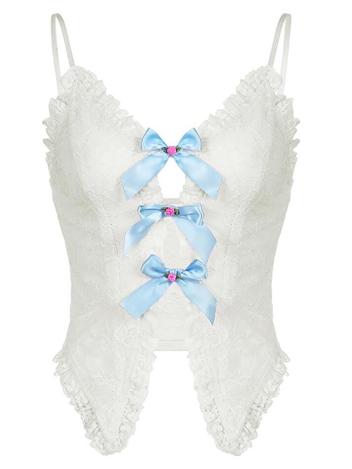 Ddbos - Center Front Bow Cutout Lace Cami Top