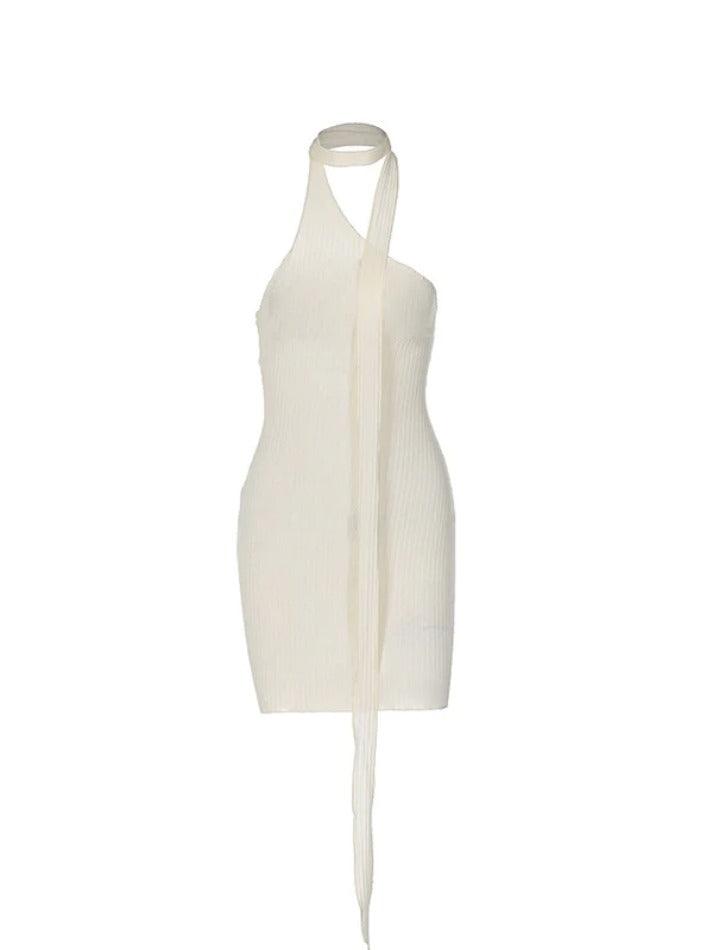 Ddbos - Slanted Shoulder Backless Ribbon Slim Mini Dress