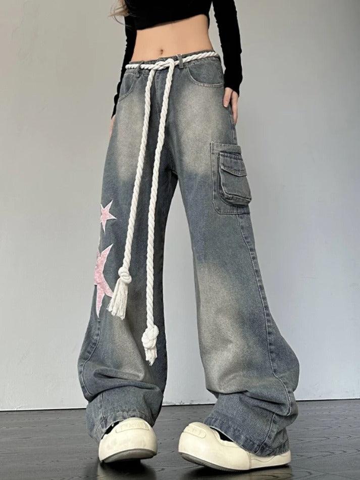 Ddbos - Vintage Star Patch Print Boyfriend Jeans