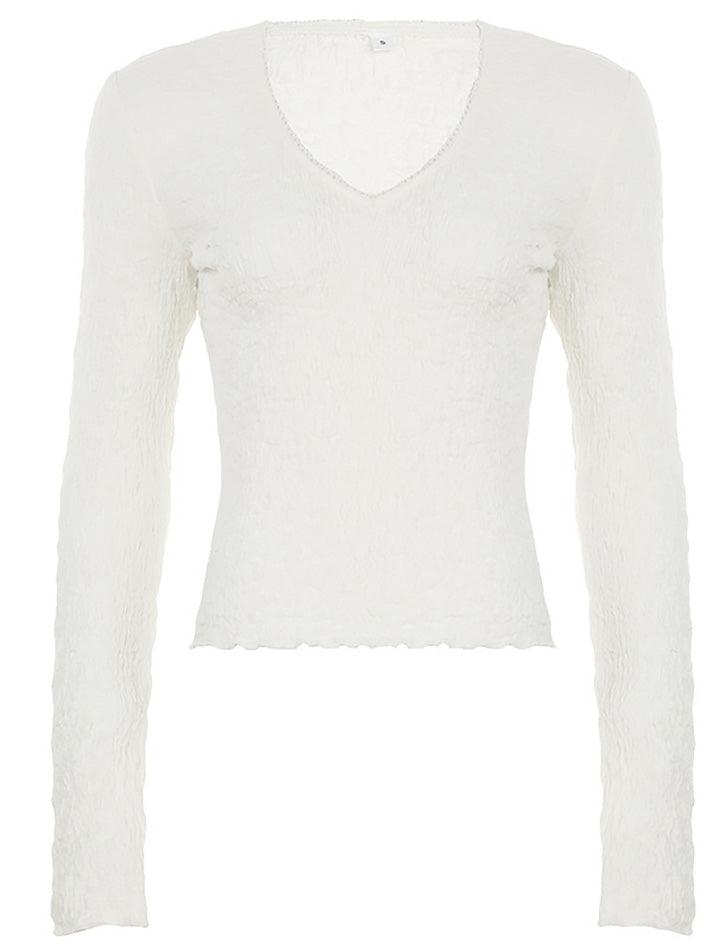 Ddbos - Lace Trim V Neck  Long Sleeve Crop Top