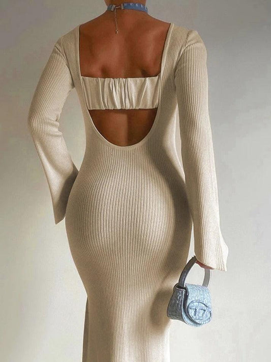 Ddbos - Solid Backless Crew Neck Long Sleeve Knit Midi Dress