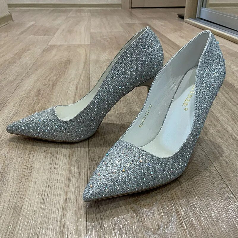 Ddbos Women 10cm High Heels Stripper Bling Scarpins Pumps Lady Stiletto Wedding Bridal Party Fetish Crystal Rhinestone Gold Prom Shoes