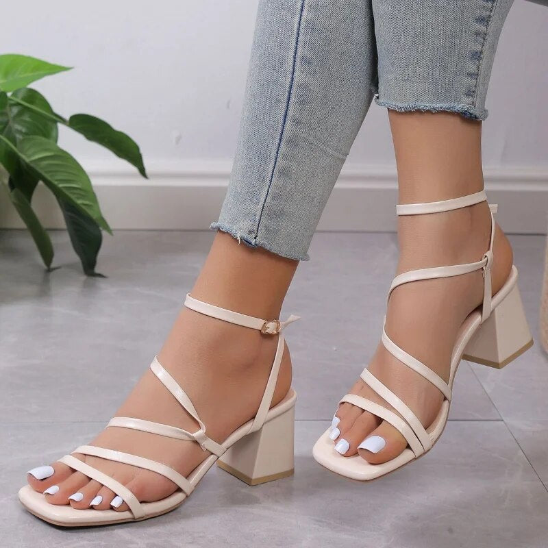 Ddbos Luxury Sandals Women Fashion Summer Ladies High Heels Simple Square Toe Open Toe Heeled Sandals Straps Womens Shoes Zapatos