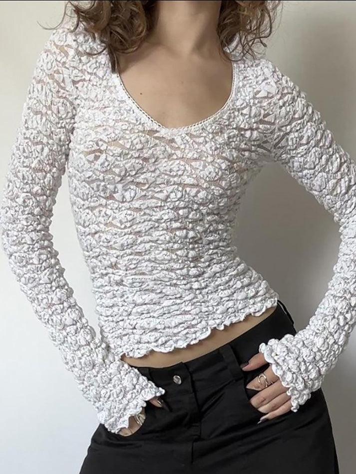 Ddbos - Lace Trim V Neck  Long Sleeve Crop Top