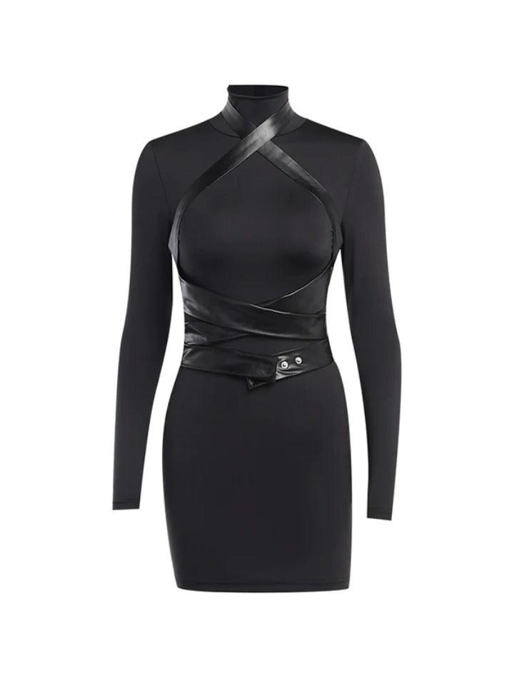 Ddbos - Leather Splice Long Sleeve Bodycon Mini Dress