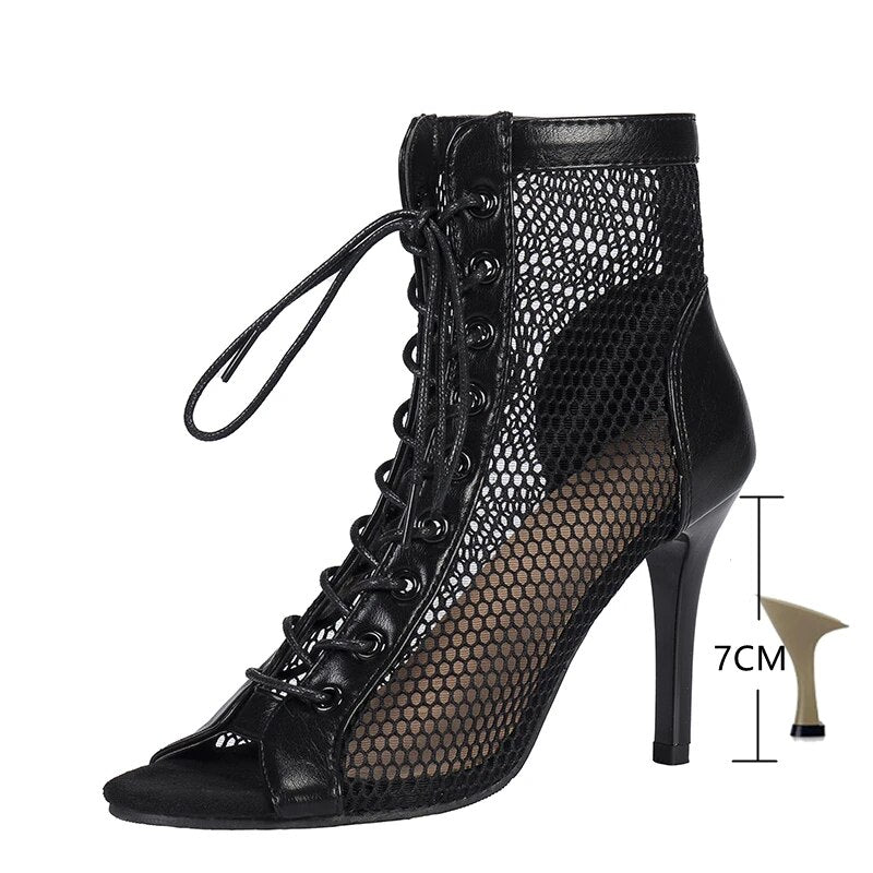 Ddbos Sandals Hollow Mesh Heels women's Shoes Summer Trend Black Lace-Up Sexy Peep Toe Boots Stilettos Jazz Dance Female Shoes