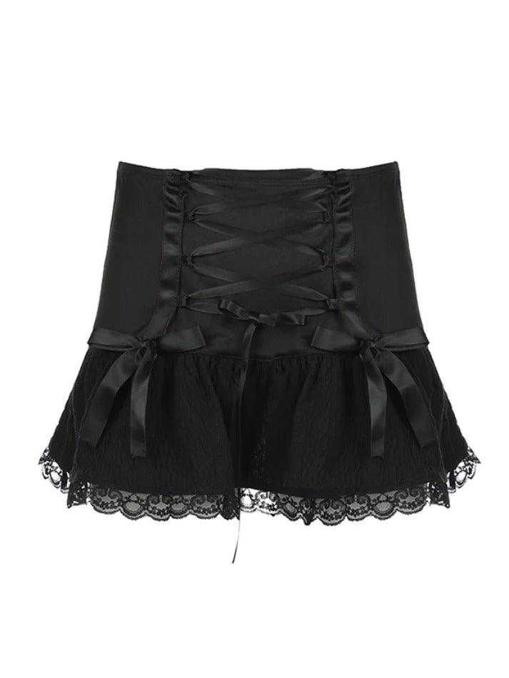 Ddbos - Lace Splice Crossover Tie Up Pleated Mini Skirt