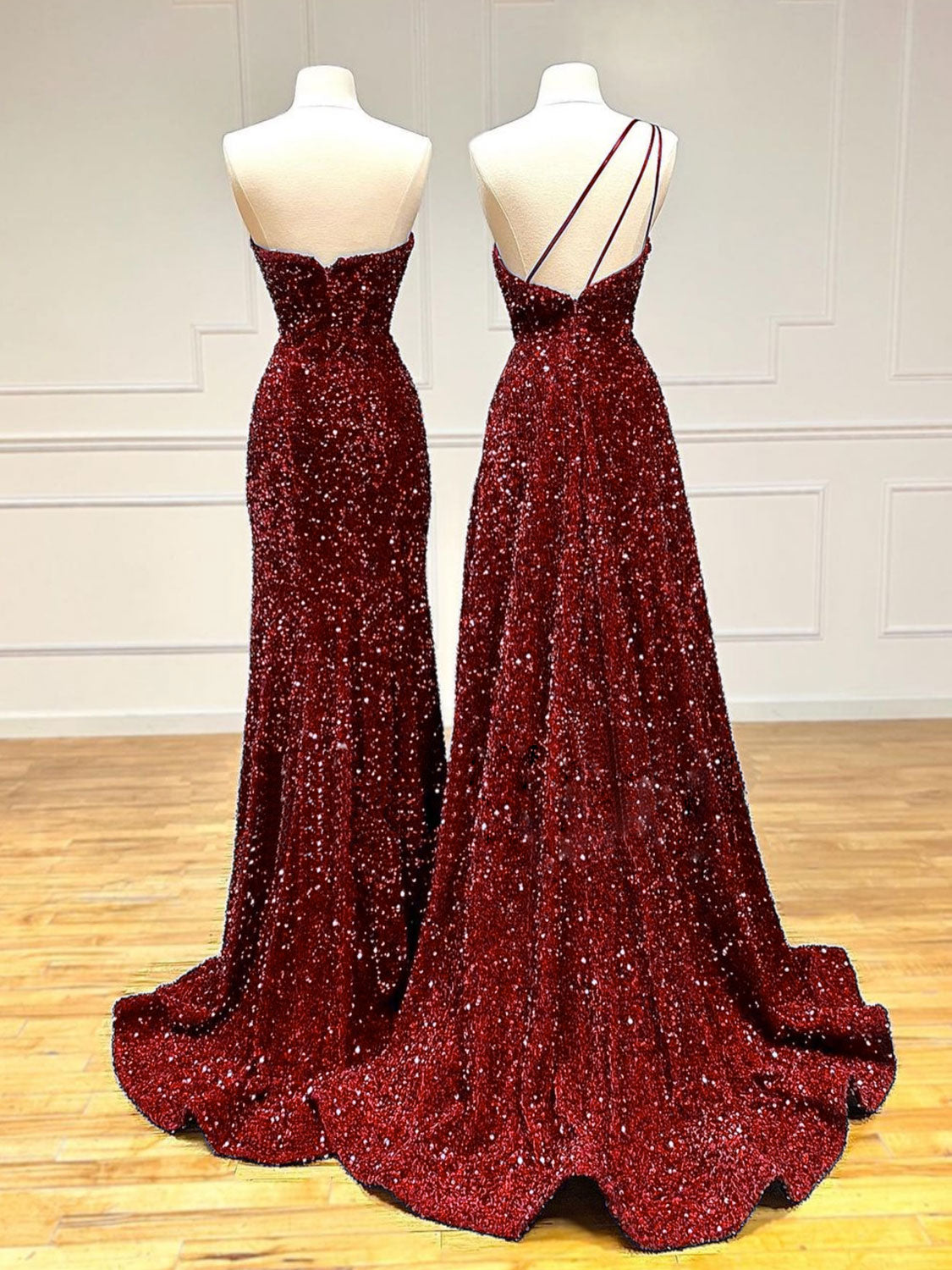 Ddbos Unique Velvet Sequin Mermaid Burgundy Long Prom Dress, Burgundy Formal Evening Dress