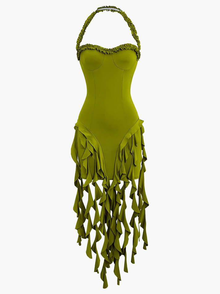 Ddbos - Ruffle Tassel Halter Bustier Mini Dress