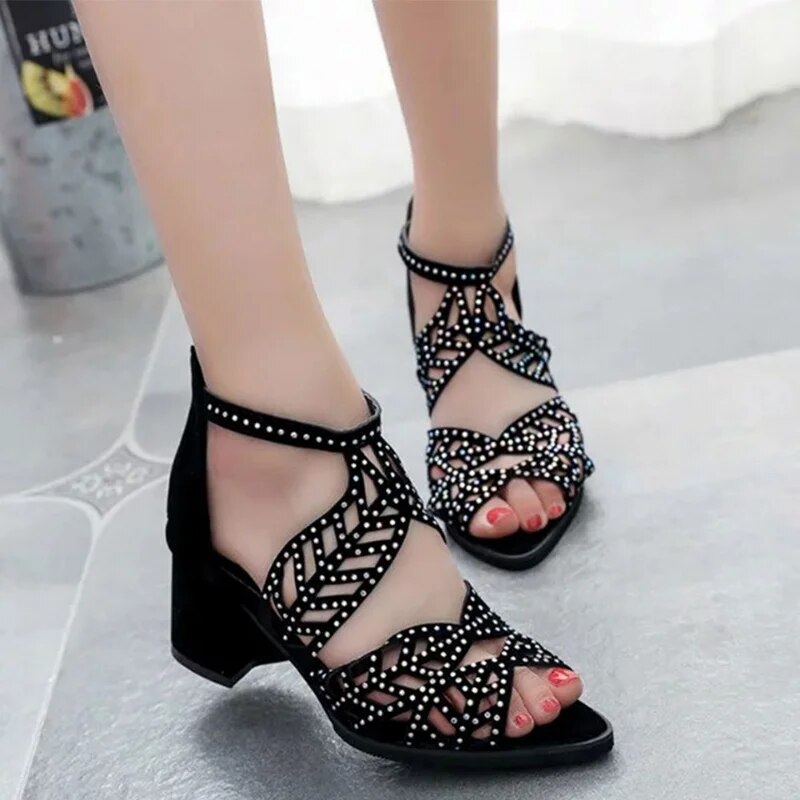 New Style Women Summer Rhinestone Hollow Out Faux Leather Thick Heel Zipper Sandals Shoes Sexy Plus Size Ladies Sandals