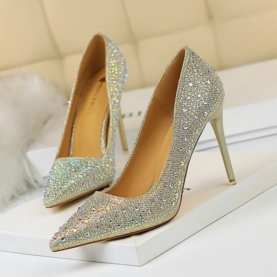 Ddbos Women 10cm High Heels Stripper Bling Scarpins Pumps Lady Stiletto Wedding Bridal Party Fetish Crystal Rhinestone Gold Prom Shoes