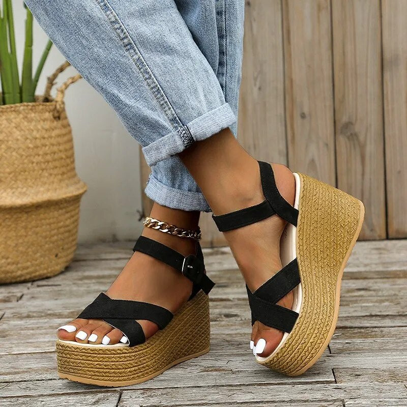 Ddbos Fashion Wedge Sandals for Women Summer Non-slip Peep Toe Platform Shoes Rubber Sole Buckle Elegant Heel Woman Sandale