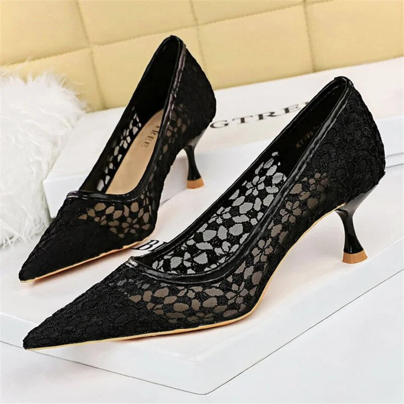 Women Fetish 5.5cm High Heels Mesh Pumps Wedding Bridal Sexy Wine Red Low Heels Lady Scarpins Lace Office Party Quality Shoes