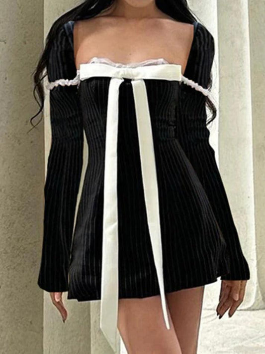 Ddbos - French Square Neck Bow Lace Up Pinstripe Mini Dress