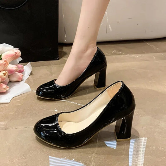 Women's Square Heels Office Shoes Patent Leather High Heel Pumps Women Round Toe Slip-On Autumn Shoes for Female