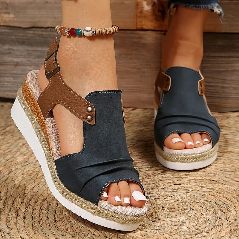 Ddbos Pleated PU Leather Wedge Sandals for Women Back Strap Espadrilles Platform Sandles Woman Summer Thick Bottom Peep Toe Shoes