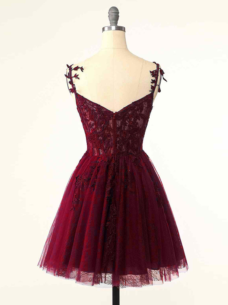 Ddbos Burgundy A-Line Tulle Lace Short Prom Dress, Cute Burgundy Homecoming Dress