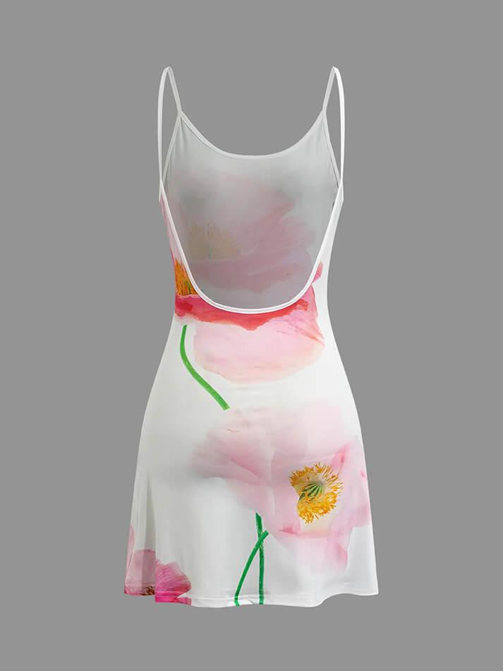 Ddbos - Floral Print Backless Slip Mini Dress