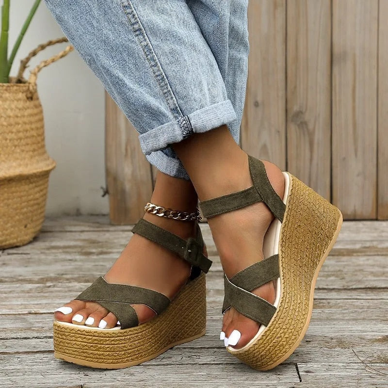 Wedge Sandals for Women Summer Non-slip Peep Toe Platform Shoes Rubber Sole Buckle Elegant Heel Woman Sandale