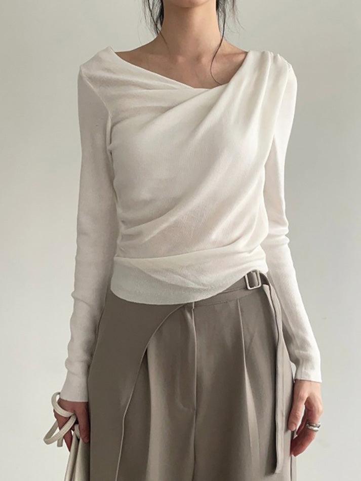 Ddbos - Off-Shoulder Asymmetrical Ruched Solid Long Sleeve Top