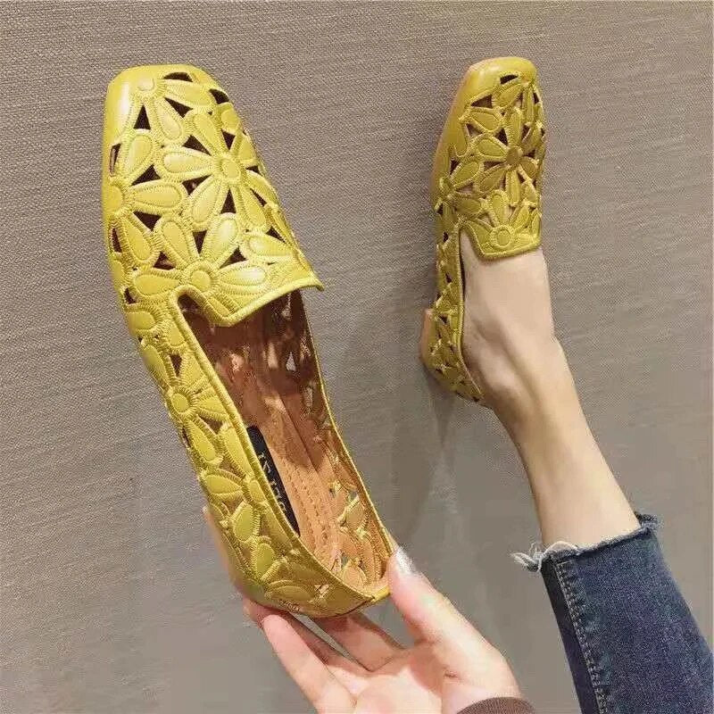 Ddbos Shoes for Women Hot Sale Square Toe  Embroidery Women's Flats Summer Casual Ladies Ballet Shoes Solid Hollow Female Loafers