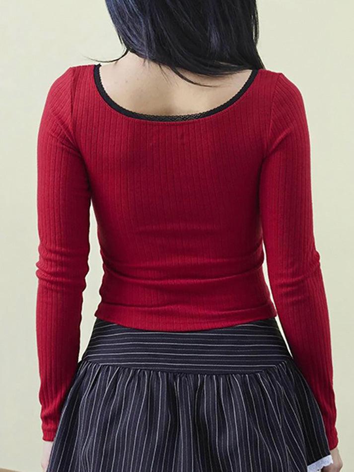 Ddbos - Lace Bow Striped Contrast Long Sleeve Top