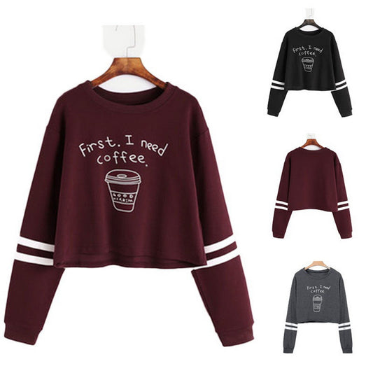 Sweatshirt New Style Coffee Cup Letter Print round Neck Long Sleeve Sweater