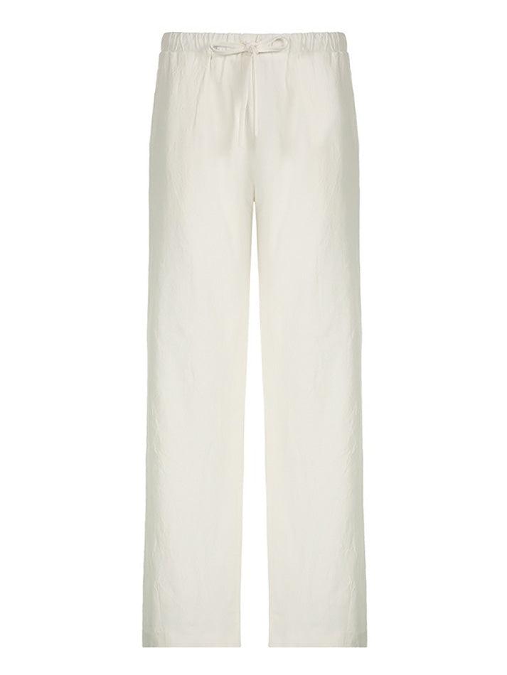 Ddbos - Basic Solid Color Drawstring Straight Leg Pants