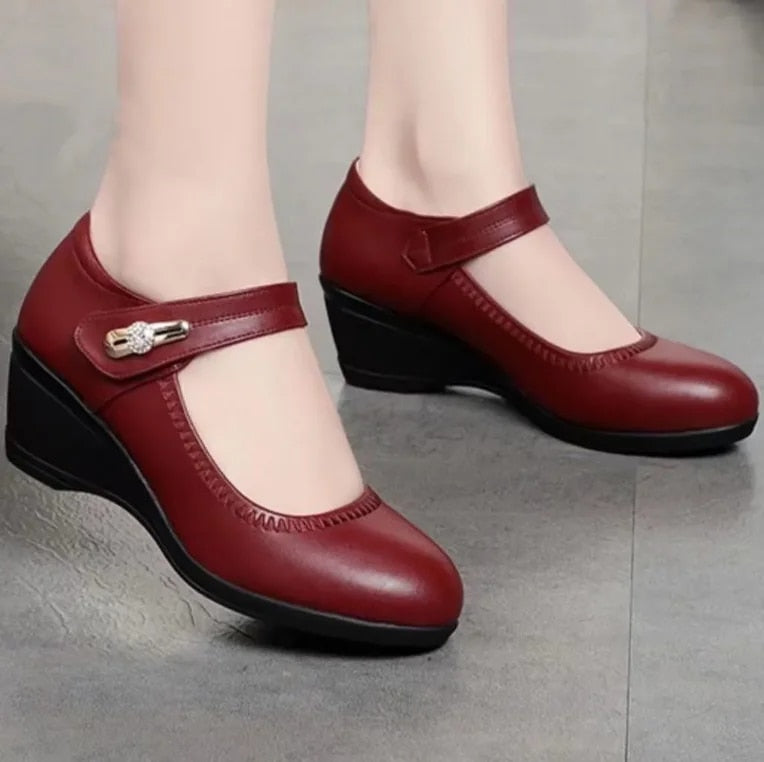 Ddbos Women Classic Wine Red Height Increased Round Toe Buckle Strap Heel Shoes Lady Fashion Comfort Summer Party Pump