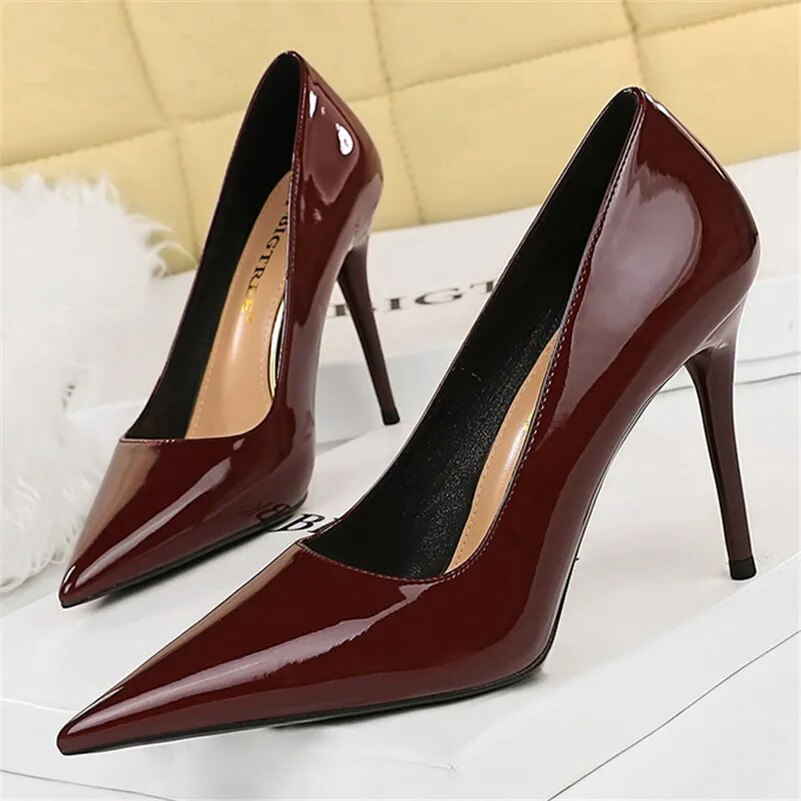 Ddbos Women Fetish 10cm High Heels Nude Pumps Wedding Bridal Stiletto Wedding Sexy Wine Red Heels Lady Scarpins Office Party Shoes