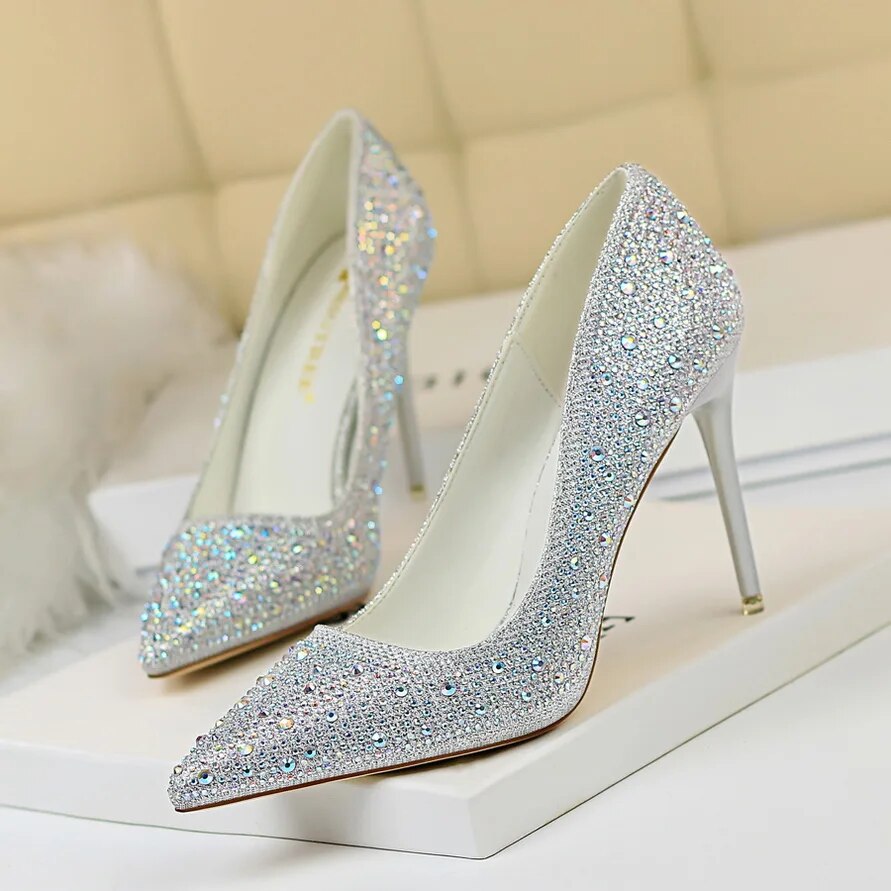 Ddbos Women 10cm High Heels Stripper Bling Scarpins Pumps Lady Stiletto Wedding Bridal Party Fetish Crystal Rhinestone Gold Prom Shoes