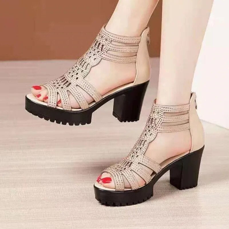 Ddbos High Heels Gladiator Sandals Woman Open Head Sexy Black Rivet Block Heel Platform Shoes Summer Back Zip Size 35-40 Women Sandals