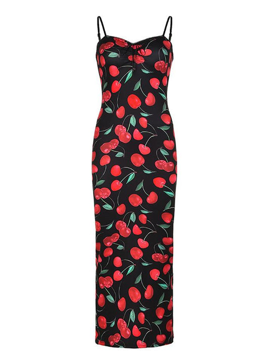 Ddbos - Red Cherry Print Stretch Calf-length Corset Dress