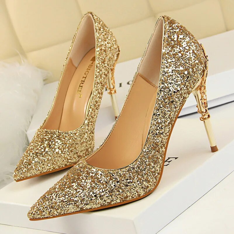 Ddbos Women 9.5cm High Heels Pumps Lady Stiletto Wedding Bridal Gold Silver Heels Nightclub Office Party Sparkly Sequins Bling Shoes