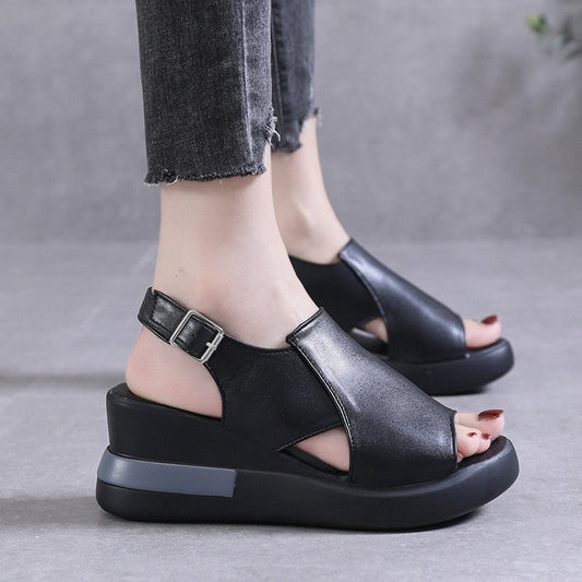 Women's Platform Wedge Sandals New Summer High-heeled Fish Mouth Women's Shoes Soft Leather Heightened Platform Shoes