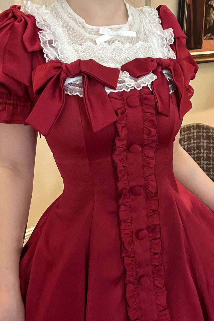 Ddbos - Wine Red Annie's Gift Short Sleeves Bowknot Short Version Sweet Lolita Dress (Plus Size Support)