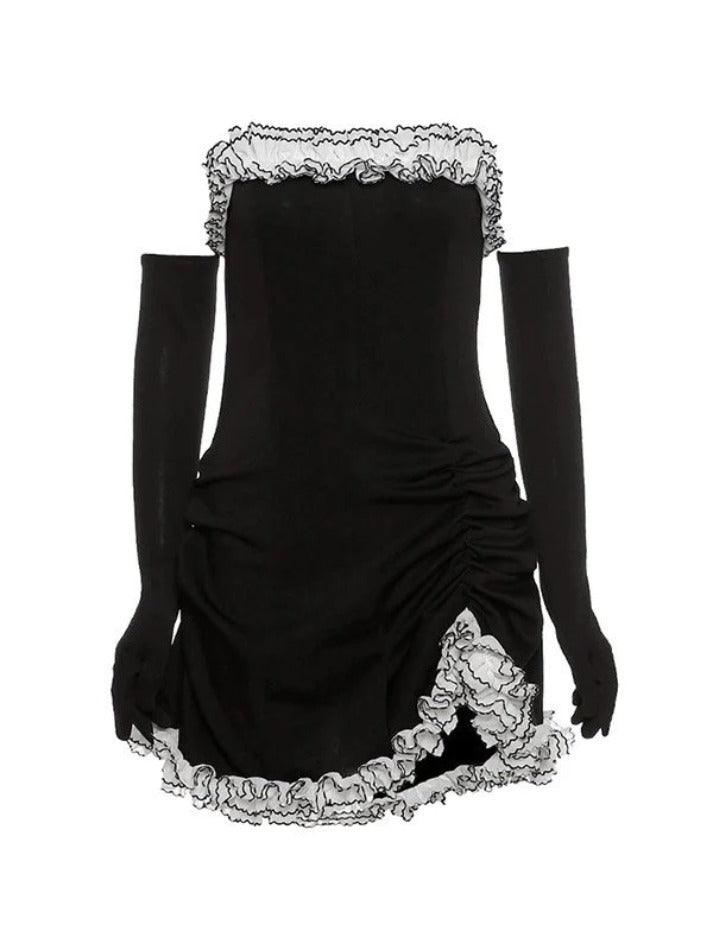 Ddbos - Gloves Detail Strapless Black Mini Dress