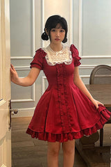 Ddbos - Wine Red Annie's Gift Short Sleeves Bowknot Short Version Sweet Lolita Dress (Plus Size Support)