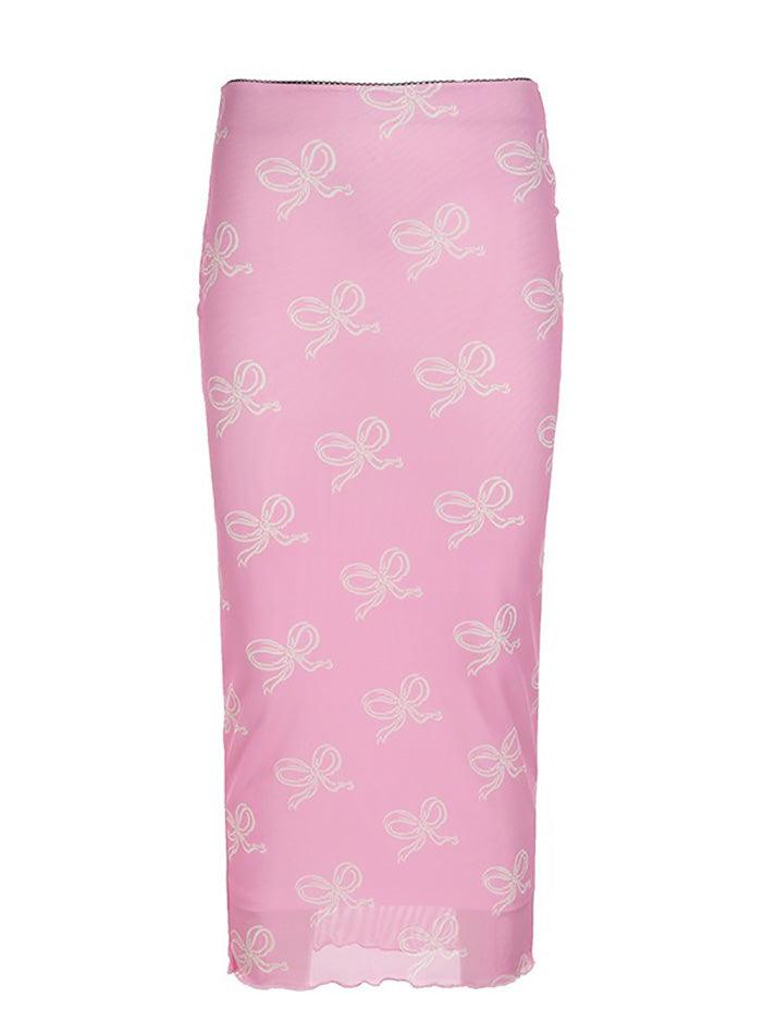 Ddbos - Vintage Bow Print Mesh Midi Skirt