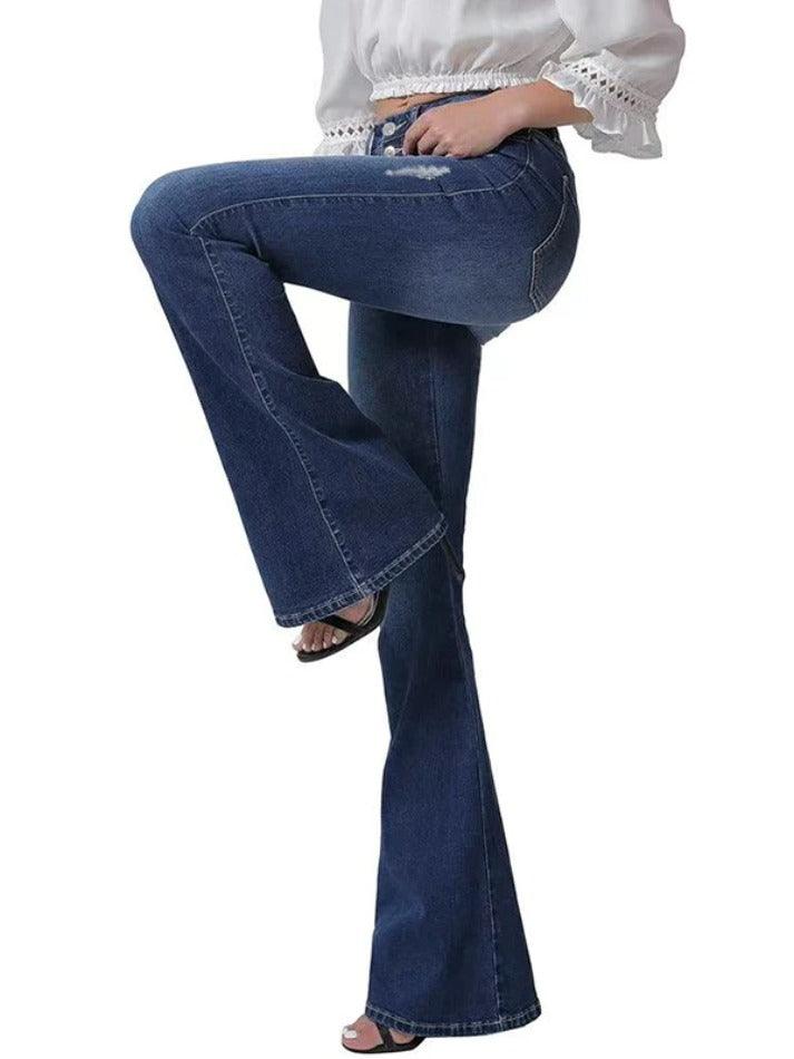 Ddbos - Vintage Blue High Elasticity Ripped Flare Jeans