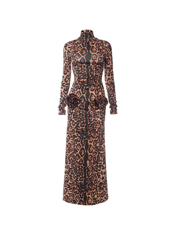 Ddbos - Snake Print Three Dimensional Flower Decor Bodycon Maxi Dress